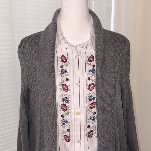 KENAR L Charcoal Gray Knit Open Front Shawl Collar Quarter Sleeve Cardigan - Picture 3 of 11